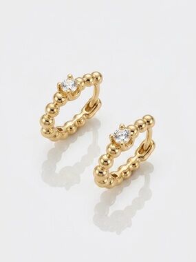 14K Gold Plated Beaded Hoop Earrings with CZ Accent | Dainty Minimalist Jewelry